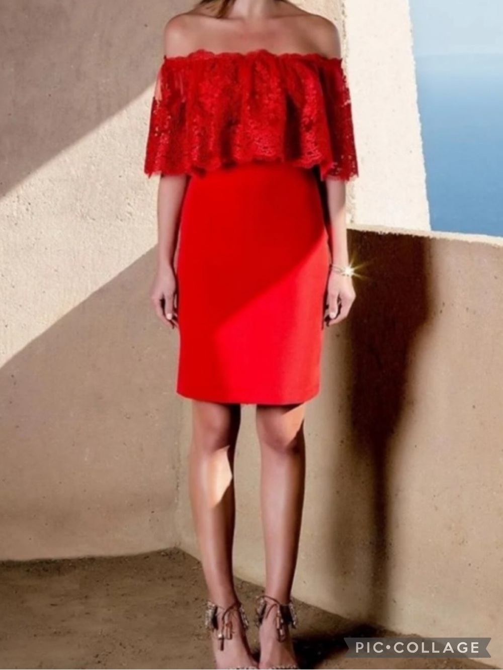Belle Badgley Mischka Whim Lace Dress Off the Shoulder Red Mini 10 NWT (As Is)